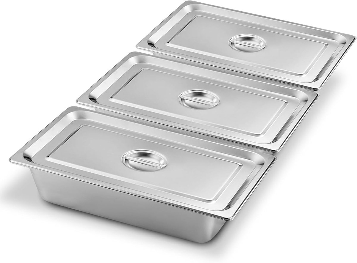 3-Delige Breading Set - RVS Container - 1/3 Breading Kom - 32.5 x 17.5 x 6.5 cm - Gourmet Houder met Deksel - Stapelbare Breading Set voor Keuken