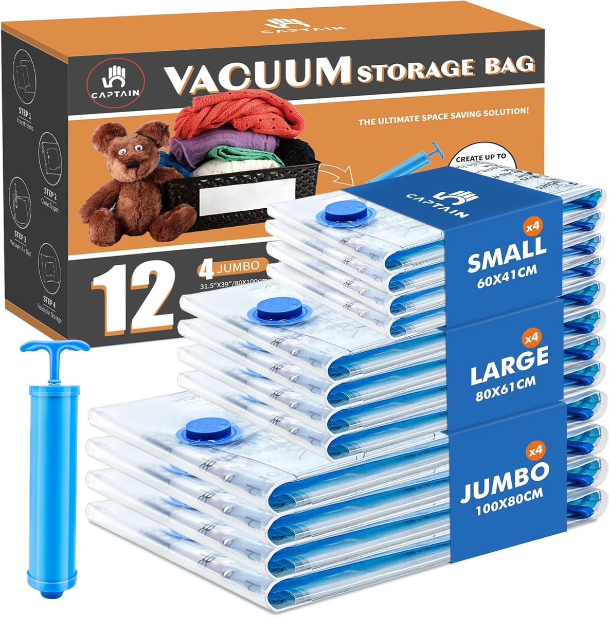 Vacuümzakken voor Kleding en Beddengoed - Inclusief Handpomp - Set van 12 (4XL, 4L, 4S)