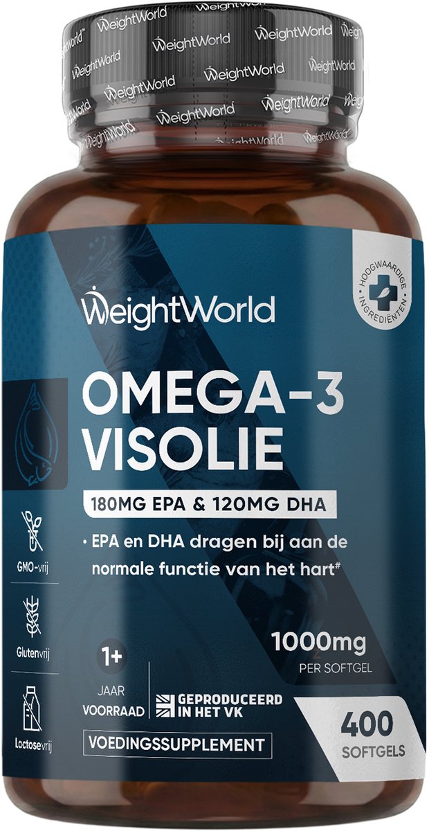 WeightWorld Omega 3 Visolie - 1000 mg - 180 mg EPA & 120 mg DHA - 400 softgels voor 1+ jaar voorraad - Gemaakt in het Verenigd Koninkrijk
