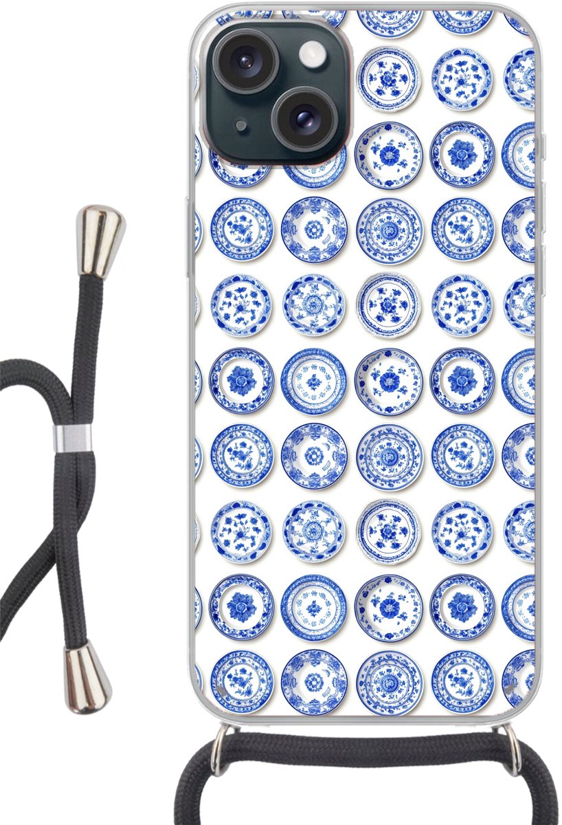 Telefoonhoesje Geschikt voor iPhone 15 - Borden - Bloemen - Patroon - Blauw - Siliconen - Crossbody - Backcover met Koord - Telefoonhoesje met koord - Hoesje met touw Telefoonhoesje