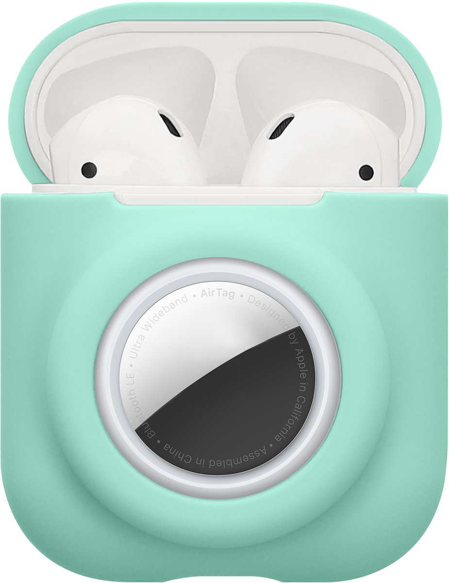 kwmobile oordopjes case geschikt voor Apple Airpods 1 & 2 hoesje - Oortjes cover met AirTag houder - In-ear koptelefoon hoes - Silicone in mintgroen