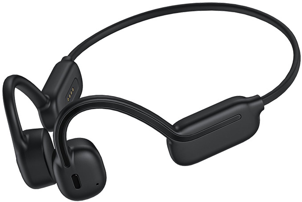 Zwarte Bluetooth-zwemkoptelefoon met botgeleiding, geen in-ear model, 32 GB geheugen, draadloos, voor sport, dubbele oorhaken, geschikt voor hardlopen.