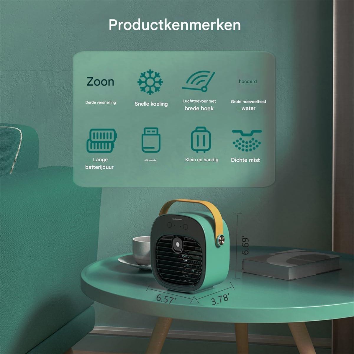 carmdering - Mini airco-kleine airco-4000mAh oplaadbare persoonlijke luchtkoeler-Mini-airconditioner met 3 snelheden - mini aircooler met water-Stille desktopkoelventilator voor thuis, slaapkamer, reizen, kantoor, buiten en binnen - Groen — afbeelding 5