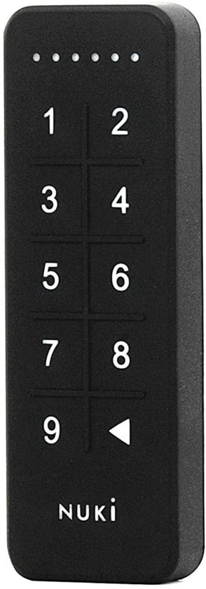 Een zwart Nuki Keypad met cijfers 1 tot en met 9 en een pijl.