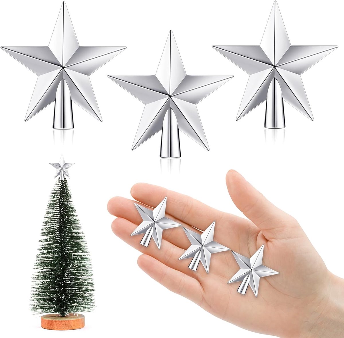 4.5 cm Kerstboomtopper - Kleine 3 Stukken - Kerstboomdecoratie voor Kleine Kerstboom - Glanzende Afwerking: Zilver