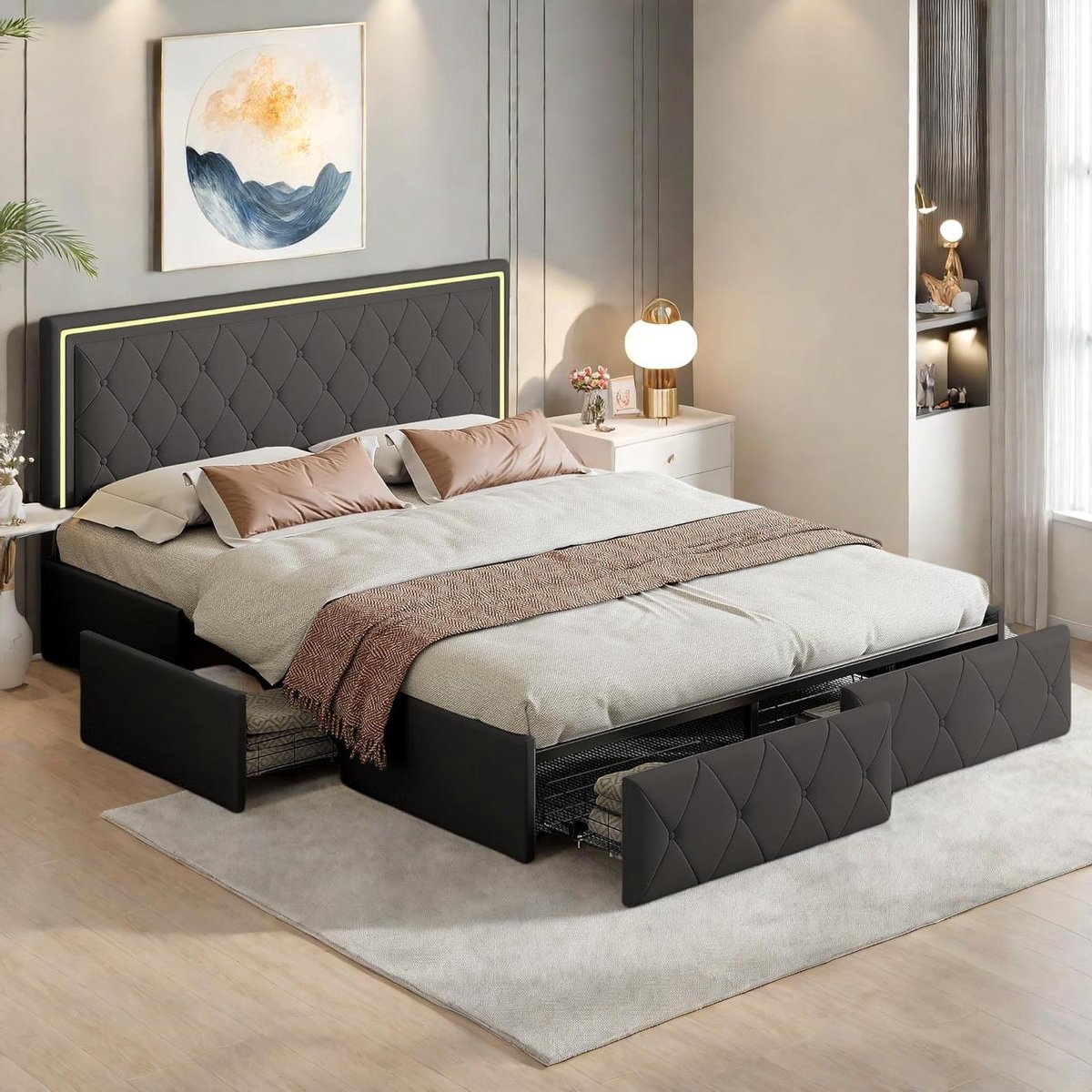 Tweepersoonsbed met Laden - Ladebed Bedframe - Opbergen Slaapkamer - Verstelbaar Hoofdeinde - 140 x 200 cm - Grijs