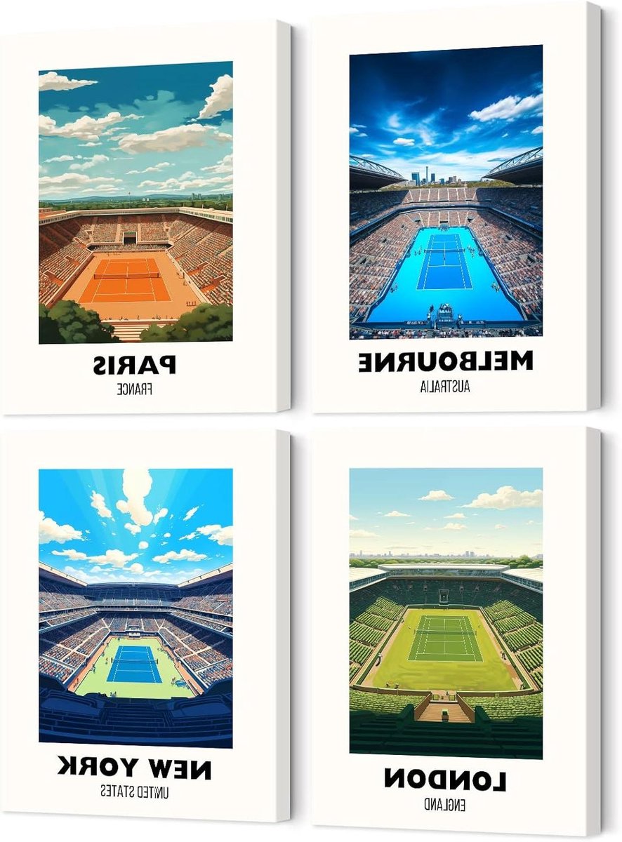 Tennis Canvas Posters - Sport Muurdecoratie - Woonkamer Decoratie - Grand Slam Set - 20 x 25 cm - Tennis Kunst
