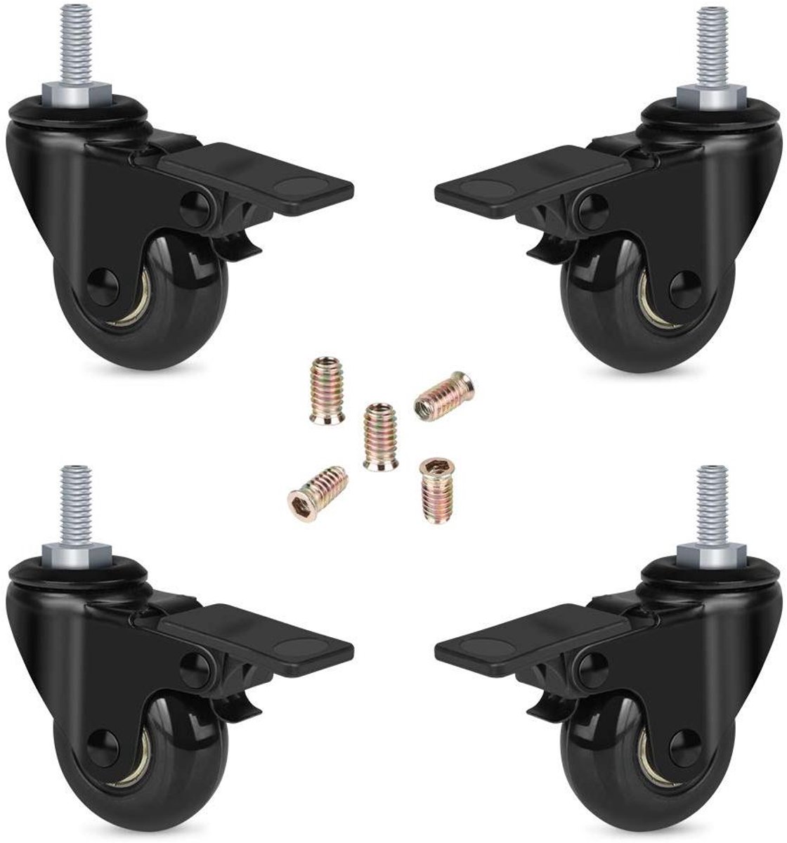 Zwenkwielen met schroefdraad - Wielen met rem - Meubels verplaatsen - Polyurethaan rubber coating - 2 inch - Zwart