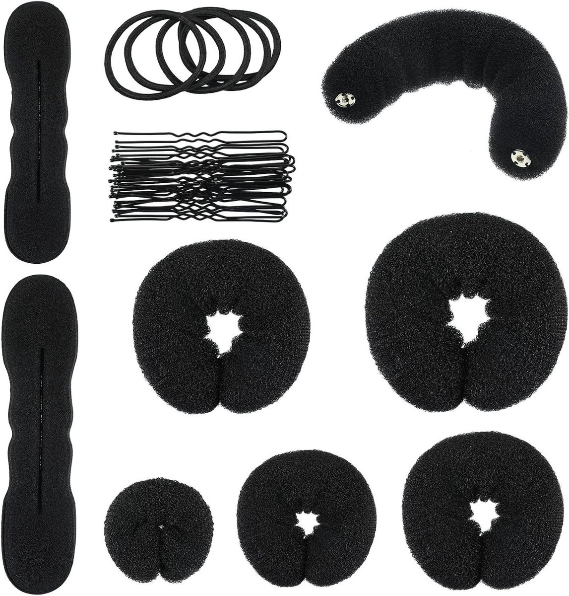Haarbroodjesmaker Set - Knotmaker Spons - Kapsels Maken - Verschillende Maten - 34 Stuks - Zwart