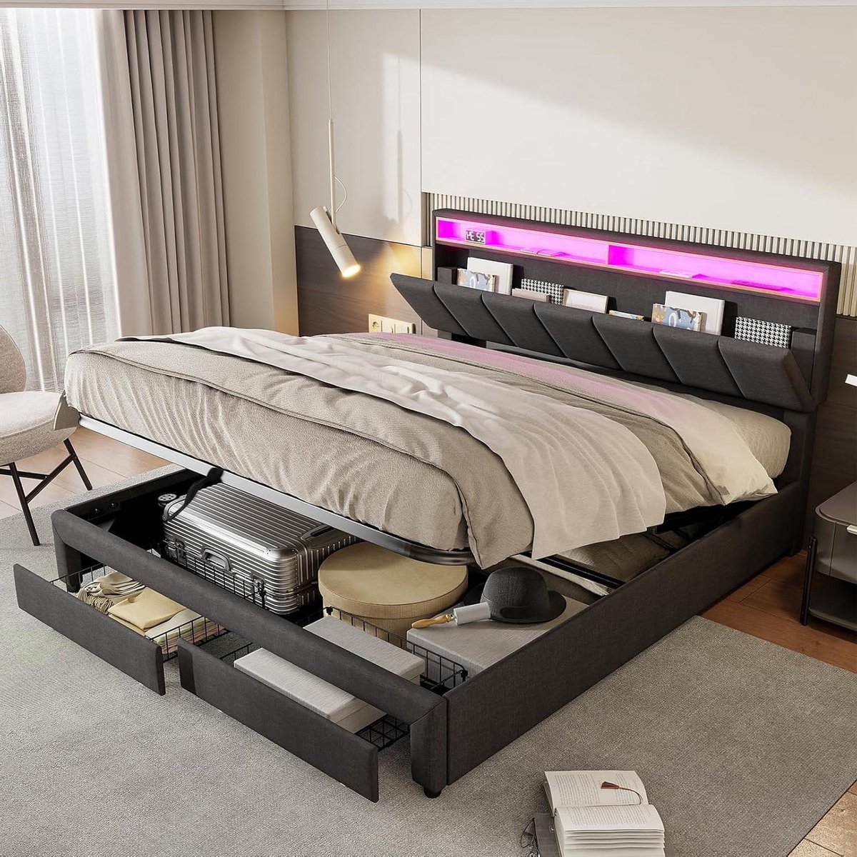 Opbergbed - Tweepersoonsbed - Ruimte Besparen - Hydraulisch Systeem - 180x200 cm - Grijs