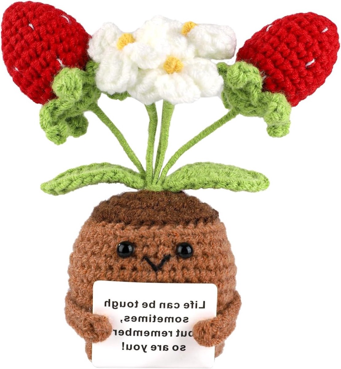 Schattige Gehaakte Aardbei Planten in Pot, Leuke Decoratie voor Bureau met Aanmoedigende Kaart en Geschenken voor Thuis en Kantoor