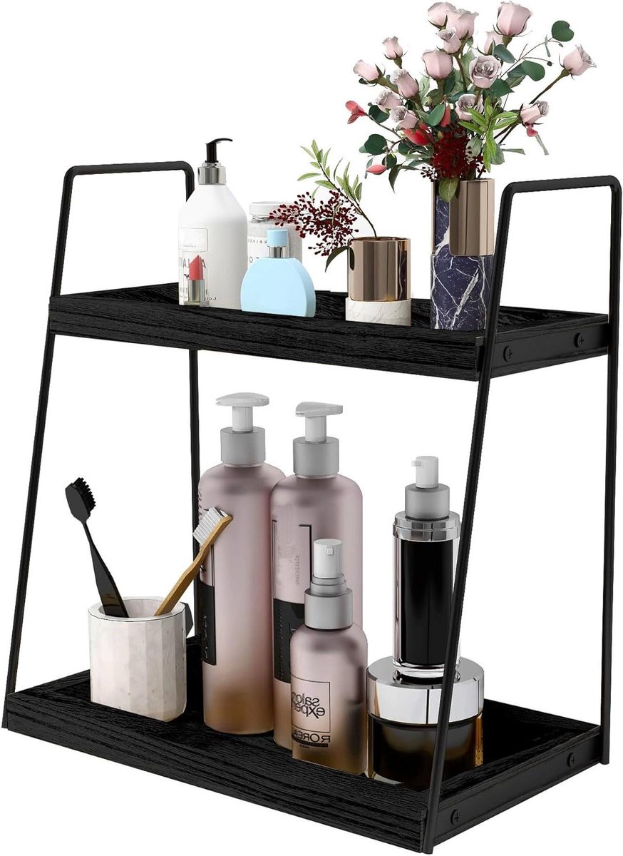 Badkamer Organizer - Aanrecht Opberger - Ruimte Besparen - Rustiek Hout Metaal - 2 Tier - Zwart