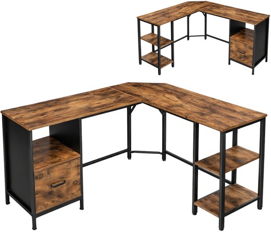 BEGRYF - Hoekbureau - rustiek bruin - met lade en planken - 149x149x74,5 cm