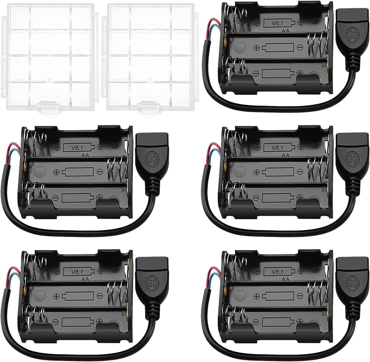Batterijhouder AA - Batterij Box - Elektronica Projecten - Met USB Female Socket - 5 Stuks - Zwart