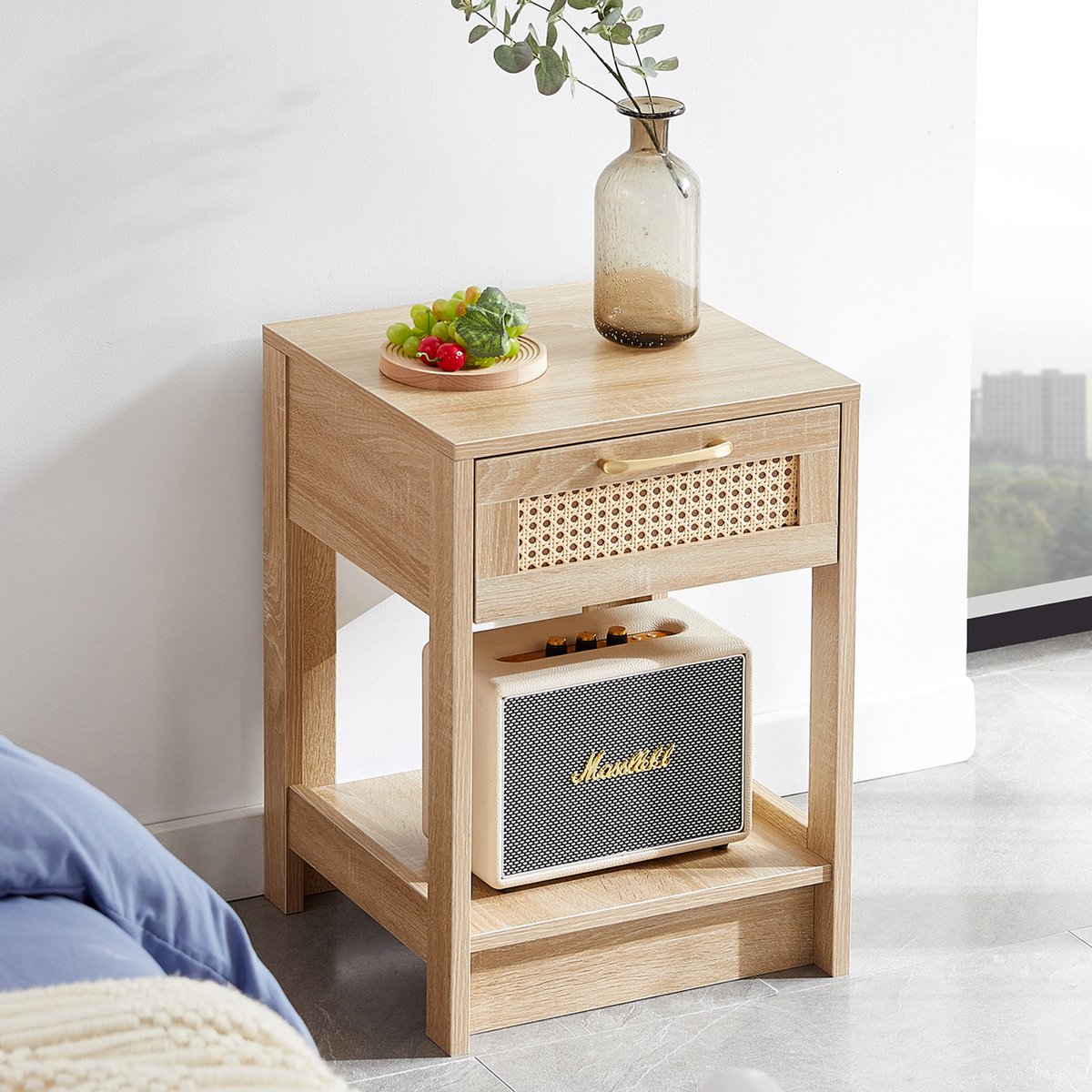 FloraGrace Nachtkastje - Rotanlook Met Lade - Voor Slaapkamer En Woonkamer - MDF - 40x40x55 cm - Naturel Natuurlijk
