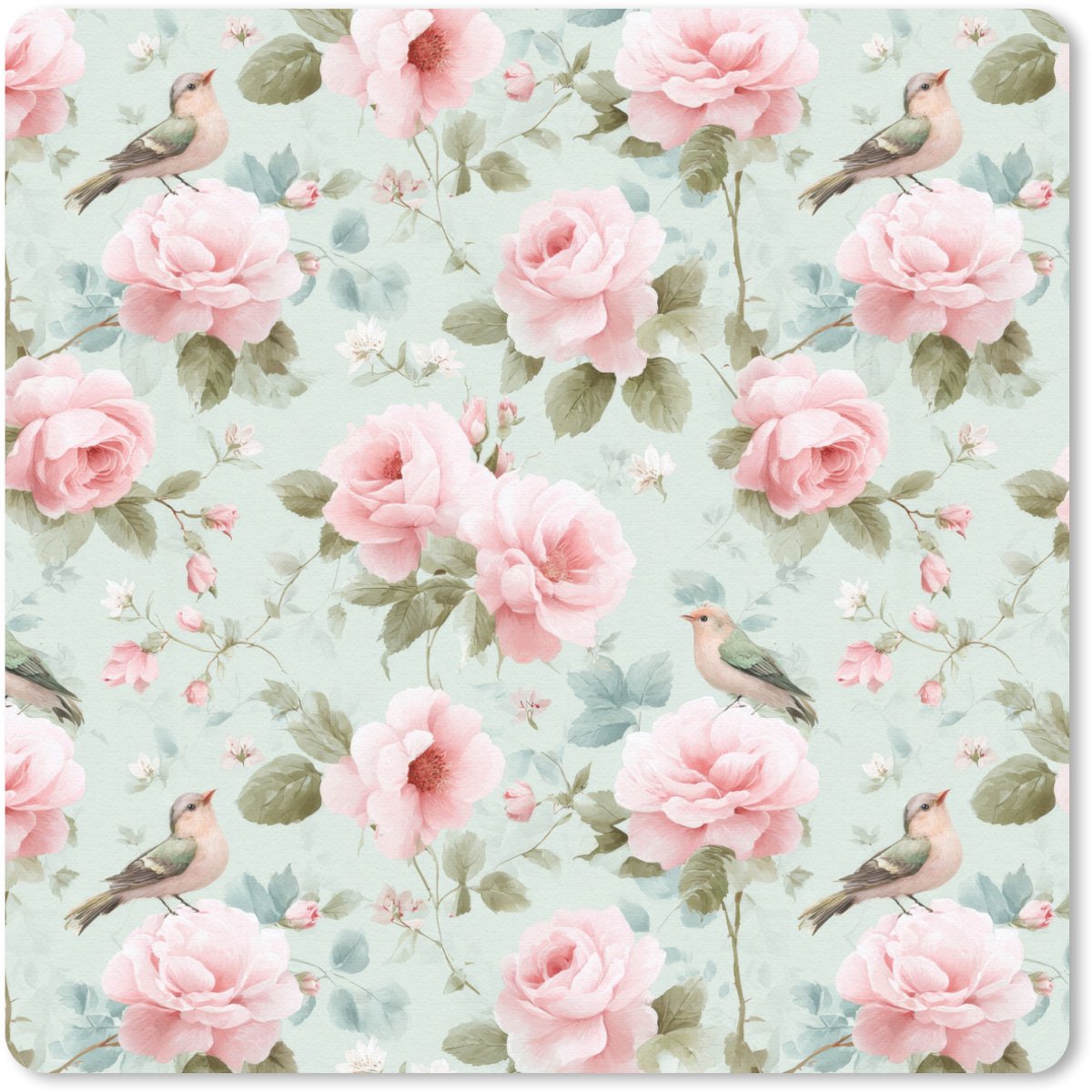 Muismat 30x30 cm - Mousepad Rozen - Vogels - Pastel - Kleurrijk - Muismatten