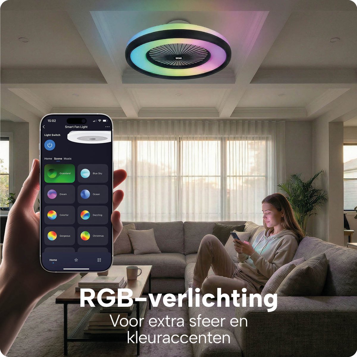 Slimme Plafondlamp met Ventilator – Plafondventilator met App en Afstandsbediening - 4800 Lumen - RGB - 6 Snelheden - BREND BR-2253 thumbnail 4