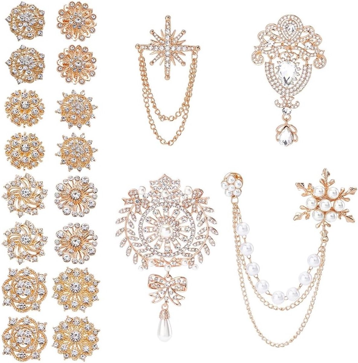 16 Stuks Rhinestone Broche Set, Decoratieve Speldjes voor Bruiloft en Feest, Gouden Accessoires voor Bruidsboeket en Party Decoratie
