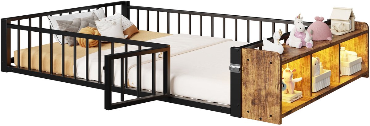 Merax Metalen Bed 140x200 Cm - Kinderbed Met Veiligheidshek - Bed Met Opbergruimte - LED Verlichting - Zwart