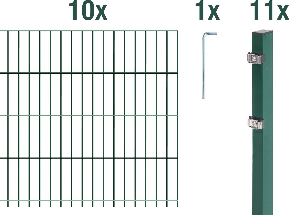 Alberts 672072 dubbelstaafmat hekwerk als 27-delige complete hekwerkset, kunststofgecoat, groen, hoogte 103 cm, lengte 25 m
