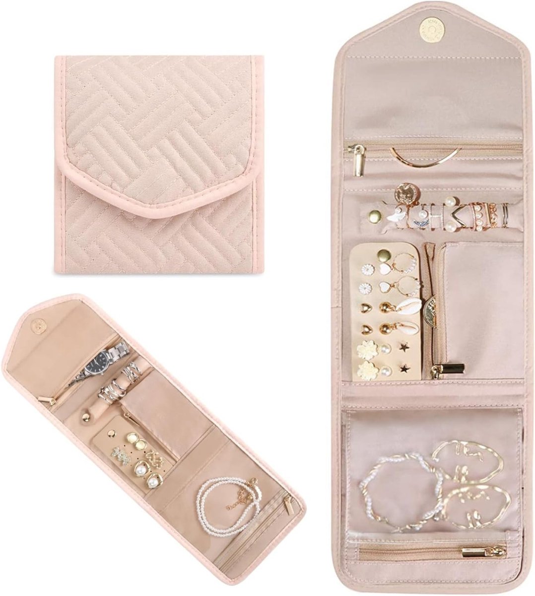 Vouwbare Opbergzak voor Sieraden, Draagbare Organizer voor Oorbellen, Ringen en Kettingen, Perfecte Cadeau voor Vrouwen en Meisjes, Compact en Modern in Roze