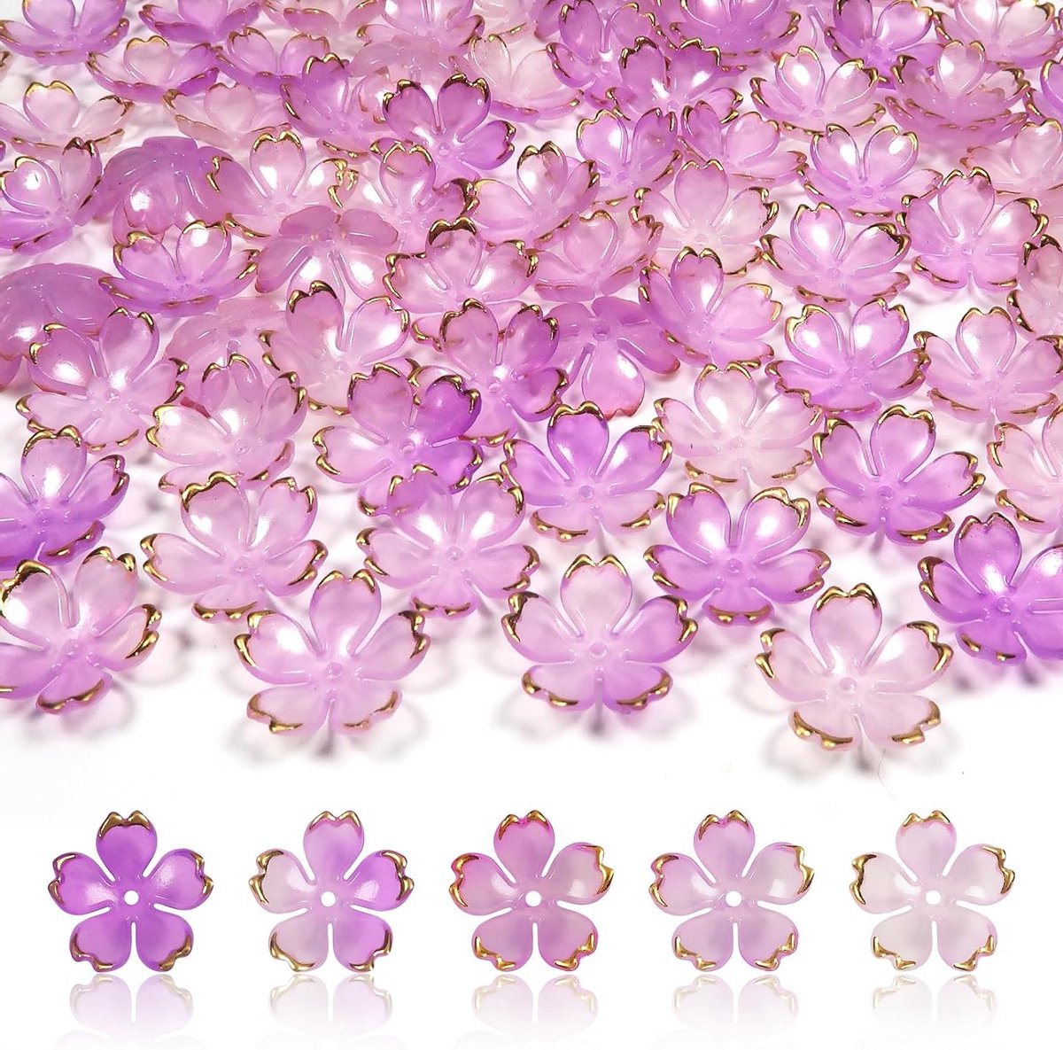 Kersenbloesem Acryl Bloem Kralen met Gouden Rand in Paars Kleurverloop voor Sieraden, Armbanden en Oorbellen - 100 Stuks