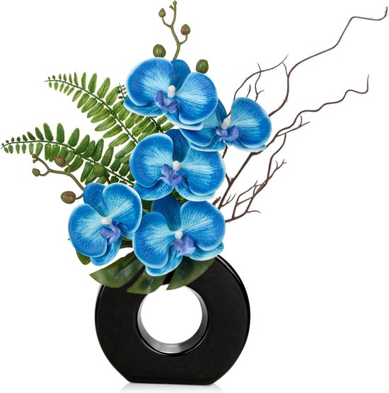 Kunstorchideeën met vaas - Nepbloemen Decoratie - Tafelblad Decoreren - Realistisch Uiterlijk - 41 cm Hoog - Zwart Blauw