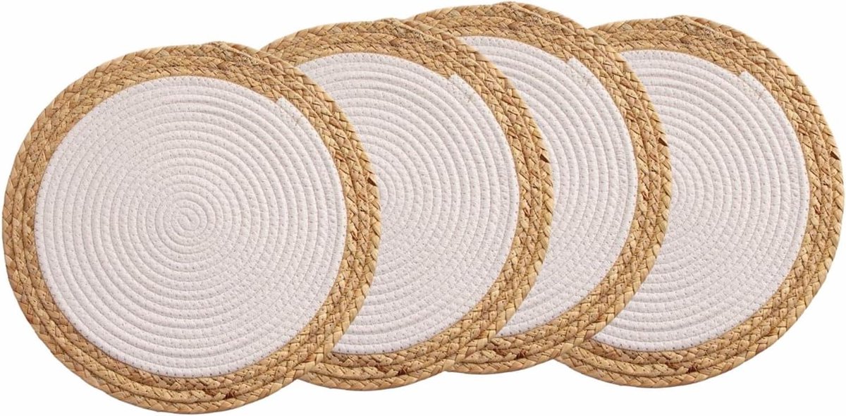 Ronde Placemats - Tafelmatten - Dineren - Katoen en Jute - 20 cm Diameter - Wit en Natuurlijk