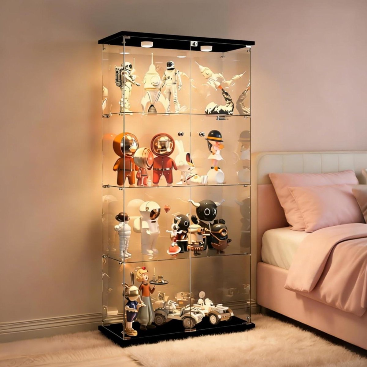 Glazen vitrinekast, staande vitrinekast, glas, met led-verlichting, vitrinekast met glas en 2 deuren, 4 etages, verzamelaarsvitrine voor verzamelobjecten, boeken, modellen, speelgoed (zwart +