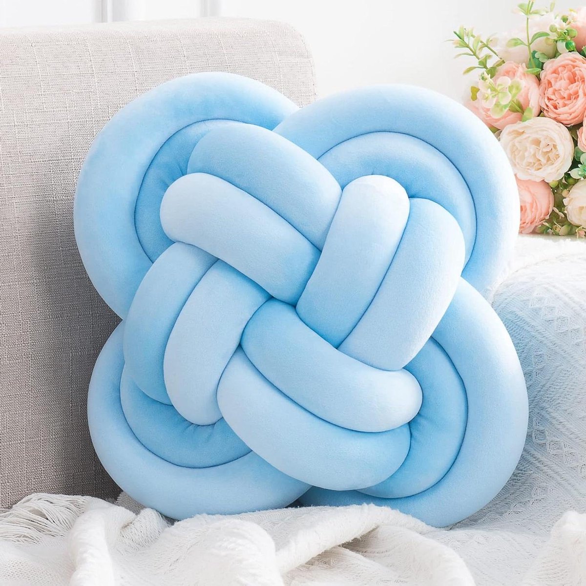 Geknoopt Sierkussen - Knoopkussen Bal - Decoratie Woonkamer - Zachte Pluche Stof - 30 cm Doorsnede - Blauw