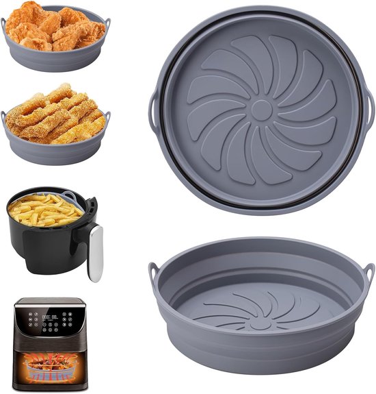 Siliconen vorm voor de airfryer, 2 stuks accessoirevormpjes voor de airfryer, herbruikbare heteluchtfriteusemand, platte ronde opvouwbare panvoering voor airfryer, magnetron en oven (grijs)