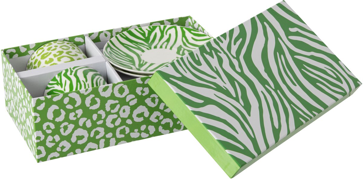 J-Line kopje + schoteltje Luipaard + Zebra - porselein - groen/wit - large - set van 2