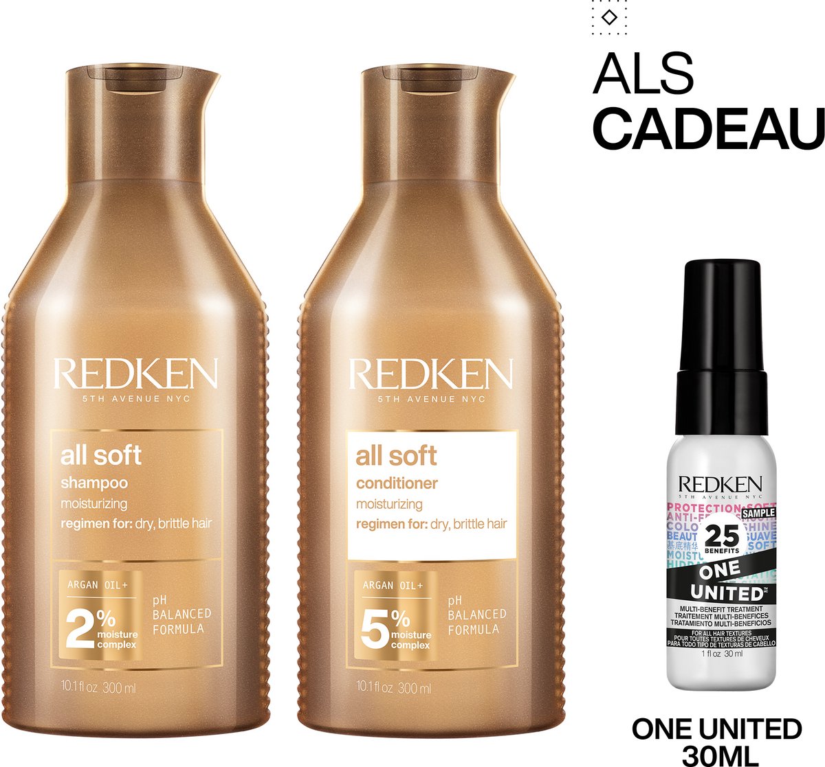 Redken All Soft Duo + Cadeau - Shampoo 300ml & Conditioner 300ml + One United 30ml Cadeau - Droog Haar