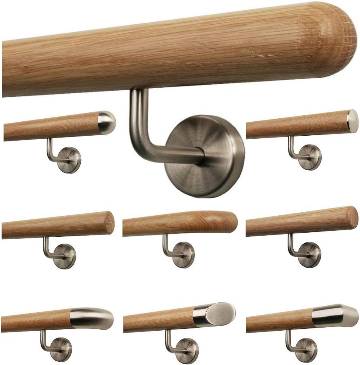 TIBU Eiken houten leuning reling 0,3 m - 6 m, lengte 150 cm, einde halve bol gefreesd en 3 hoekige houders