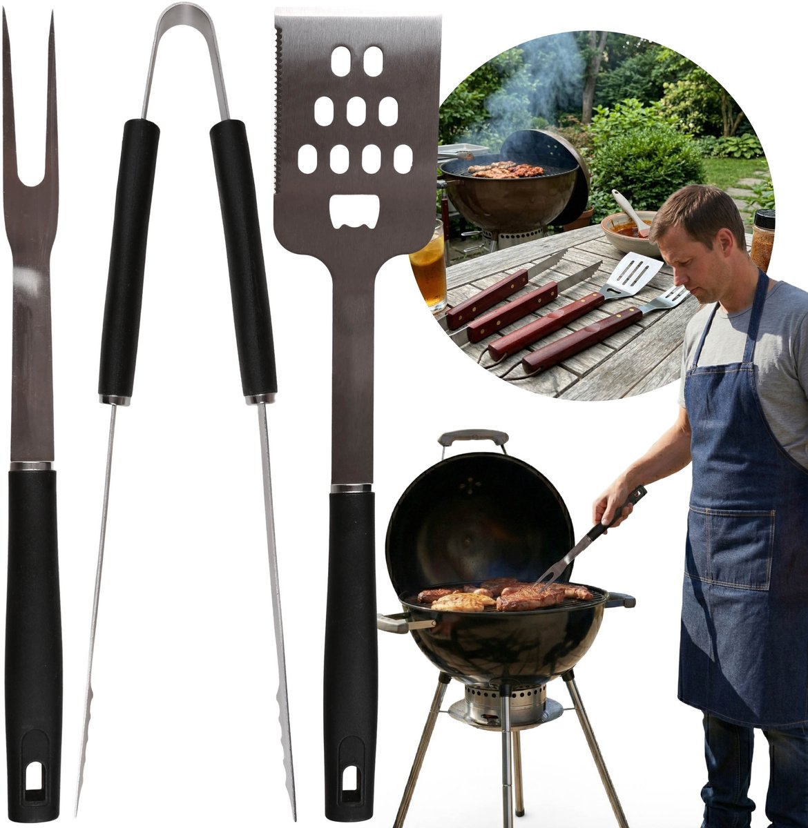 Barbecueset met plastic handvat, spatel, tang, barbecuevork – set van roestvrij staal
