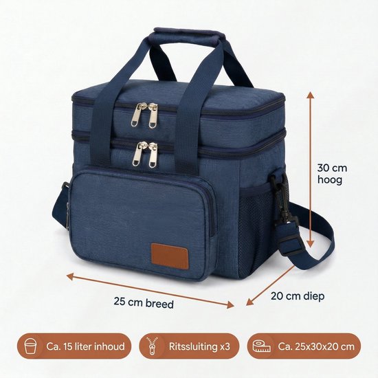 Cheqo® Koeltas - Lunchtas - Geïsoleerde Koeltas - Picknicktas - Thermotas - Opvouwbaar - Coolerbag - Koeltasje - Lunch Bag - Schoudertas - Isolatietas voor Volwassenen en Kinderen - Waterafstotend - Dubbel Compartiment - Lekvrij - Eettas van Cheqo — afbeelding 3