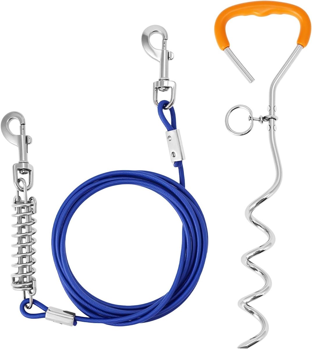 Killogood Stevig en duurzaam 7.6 meter lang grondanker en riem van roestvrij staal met schokabsorberende veer - geschikt voor kleine tot grote honden met een gewicht van maximaal 50 kg (blauw)