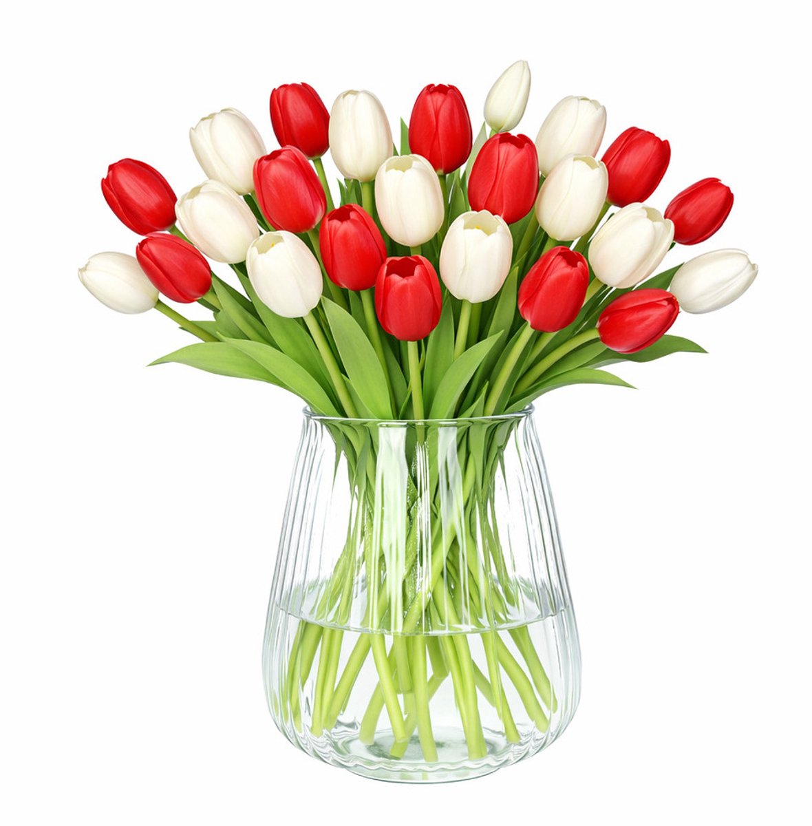 Bellatio Design Kunst tulpen boeket mix Bella - 24x stuks - rood / wit - real touch - 40 cm