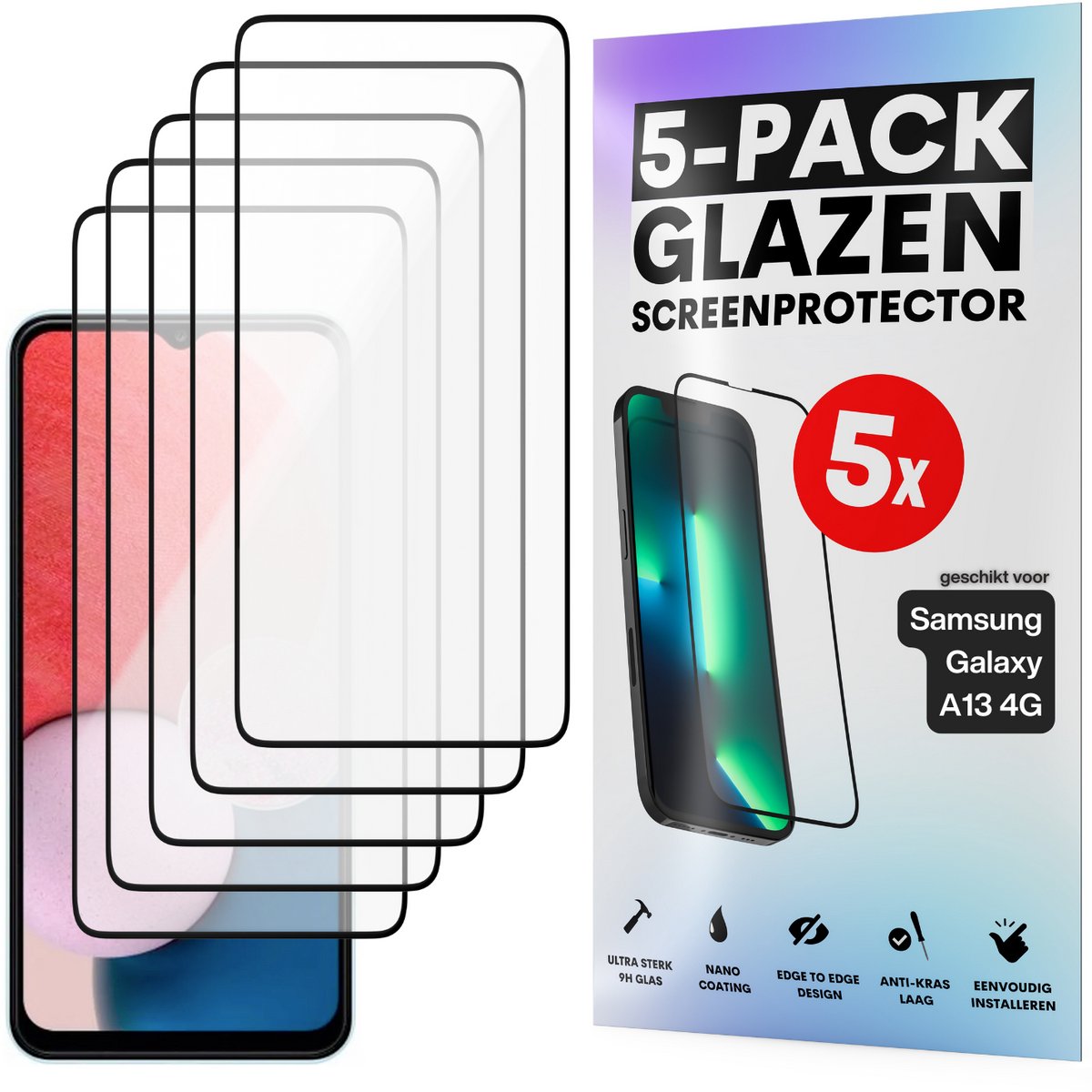 Screenprotector - Geschikt voor Samsung Galaxy A13 4G - Gehard Glas - Full Cover Tempered Glass - Case Friendly - 5 Pack