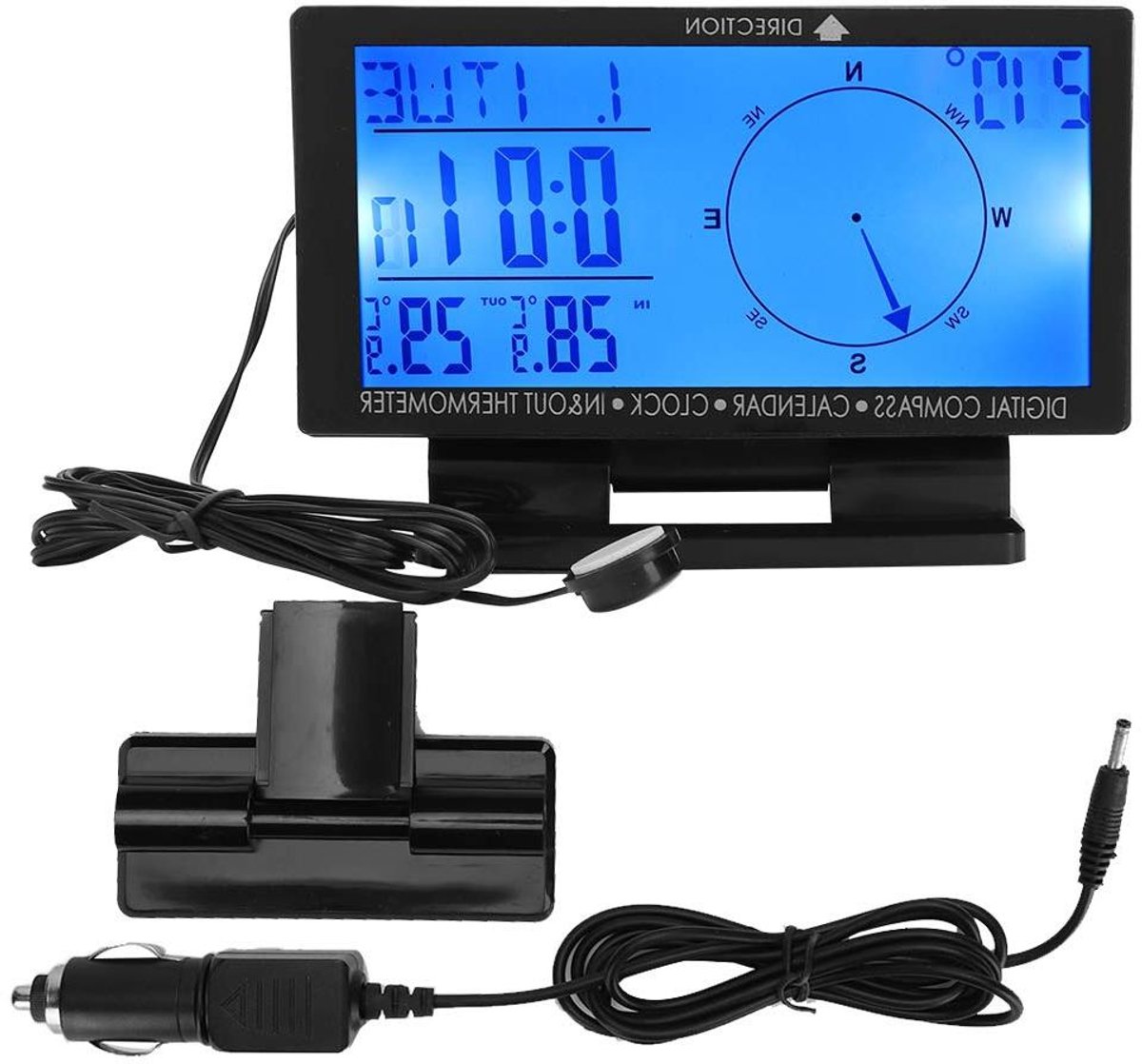 Digitale Autothermometer - Auto Temperatuurmeter Klok - Reizen en Navigeren - Tijd Kompas Temperatuur - LCD Display - Zwart