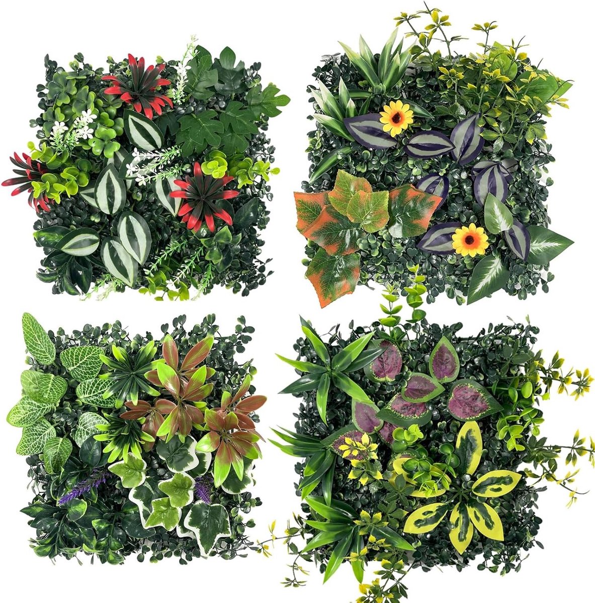 Kunstgras Panelen - Groene Wandmatten - Verticale Tuin - UV-bestendig Weerbestendig - 25x25 cm 4 Stuks - Gemengd Groen
