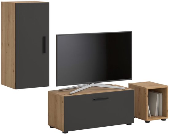Donkergrijze en houten kasten met tv en tv-meubel, met gesloten en open modules, op witte achtergrond.