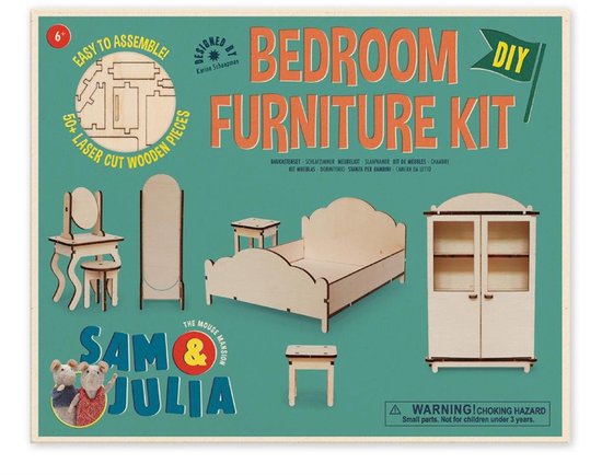 Doe-het-zelf pakket voor slaapkamermeubels: houten onderdelen voor bed, kast en kaptafel voor Het Muizenhuis.