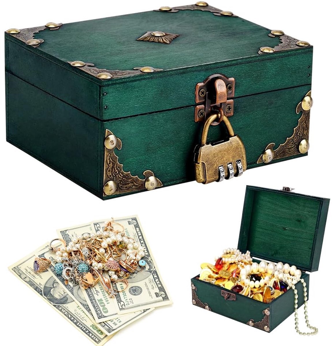 Vintage Houten Schatkist met Slot - Kleine Opslagdoos voor Sieraden en Decoratie