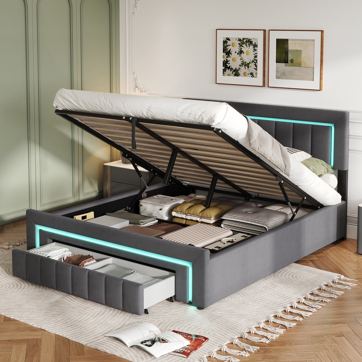 MODENUIT Gestoffeerd Bed 140x190 cm - Met Opbergruimte En Lade, LED Verlichting En Lattenbodem - Zonder Matras