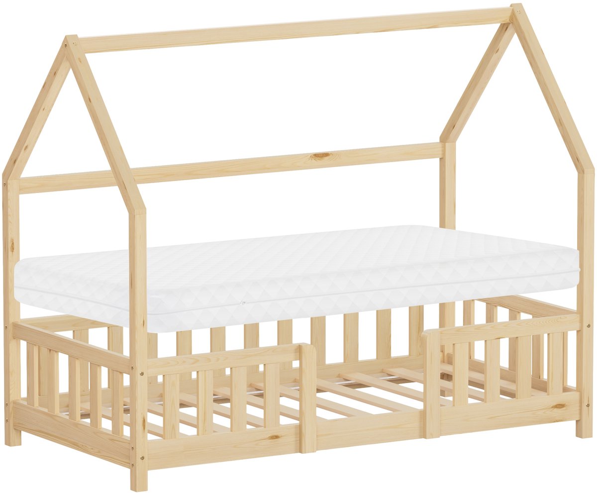 ml-design montessori kinderbed 80x160 cm natuur grenenhout met matras en valbeveiliging speelbed juniorbed kinderhuis houten bedframe lattenbodem dak decoratieve kap eenpersoonsbed kinderbed met dak kinderbed hout huisbed voor meisjes en jongens