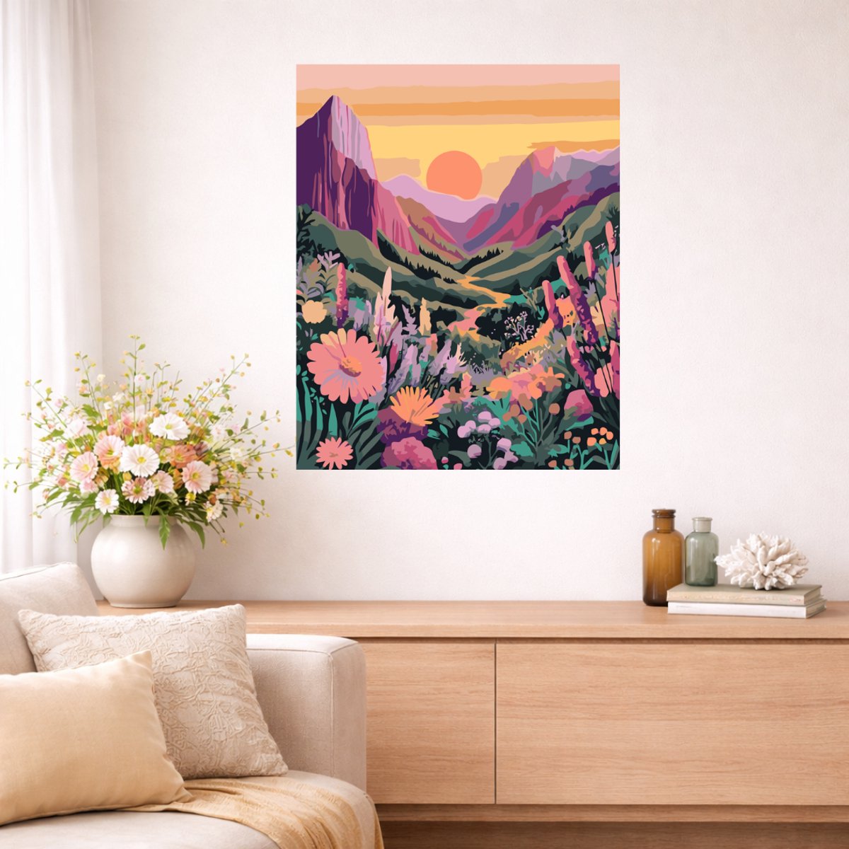 MET FRAME - Paint by numbers Volwassenen – schilderen op nummer – Creatieve hobby – Ontspanning thuis – Cadeau idee – Compleet pakket – DIY decoratie – Landschap – Zacht kleurenpalet – Golden Path Between Hills — afbeelding 3