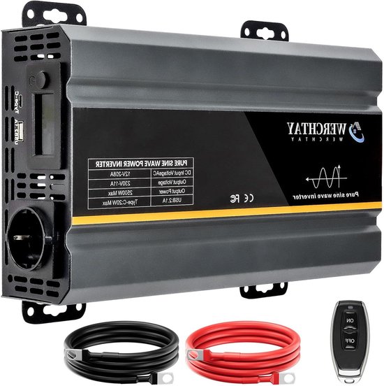 Spanningsomvormer - Stroomomvormer Zuivere Sinus - Energie Omzetten - 2500W Continu Vermogen - 12V naar 230V - Zwart
