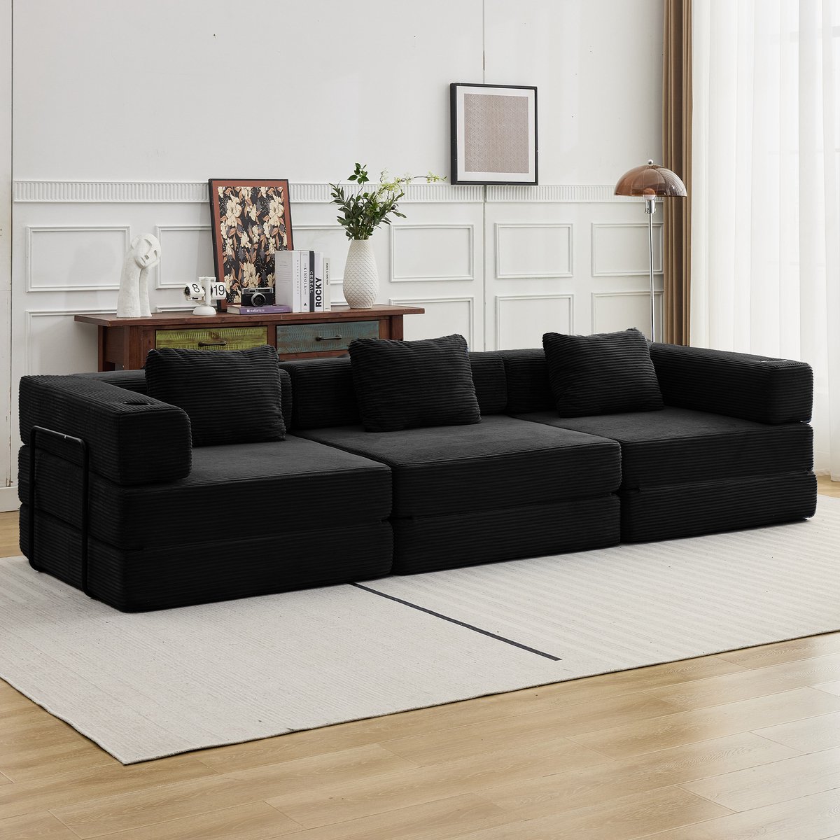 Multifunctionele Corduroy Slaapbank–Vaste Framebank–Opvouwbaar met 2 Kussens en Armleuningen–Comfortabel 3-in-1 Ontwerp–Geschikt voor 3 Personen– Te Gebruiken als Bank, Ligstoel en Logeerbed–Ideaal voor Appartementen of Kleine Ruimtes–Zwart