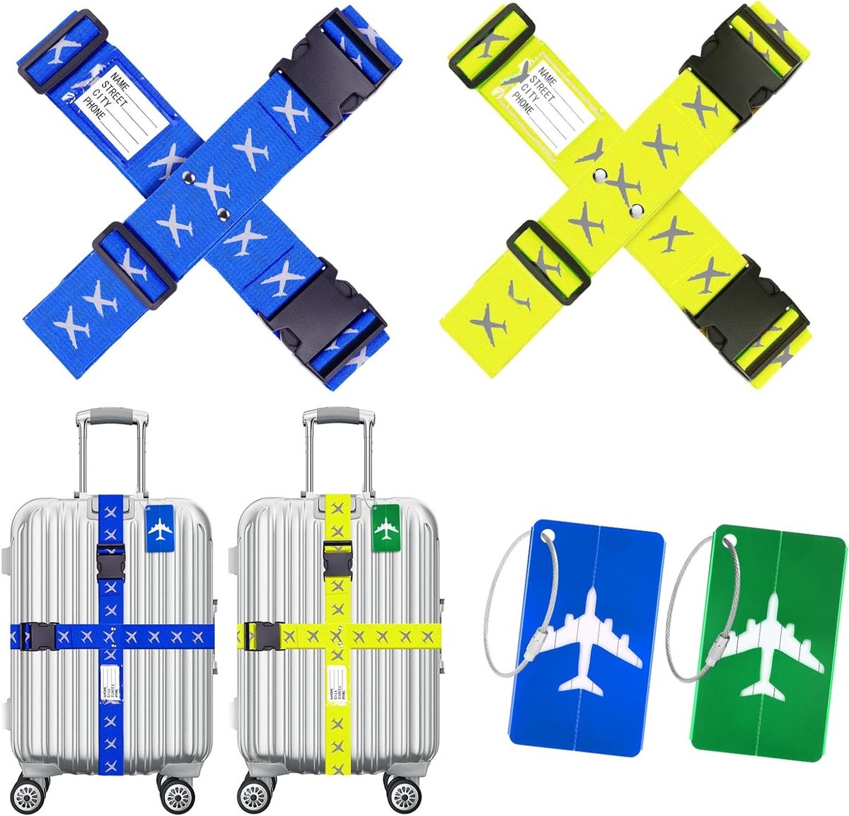 Verstelbare Bagagestraps met Bagagetags, Veiligheid en Antislip Reisaccessoires voor Koffers, Ideaal voor Reizen en Vakanties (Groen en Donkerblauw)